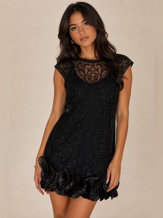 Guess Dresses & Skirts - GUESS Black Lace Embroidered Cocktail Dress Ruffle Hem NWT Size 0 Date Night
